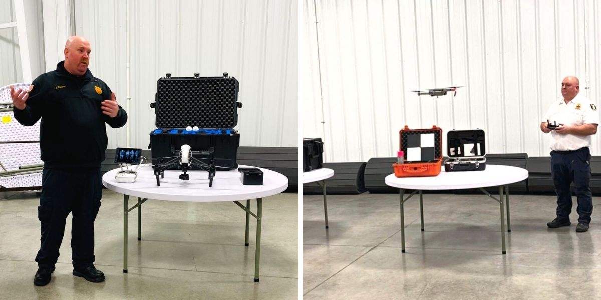 side by side pictures of firefighters displaying new drone