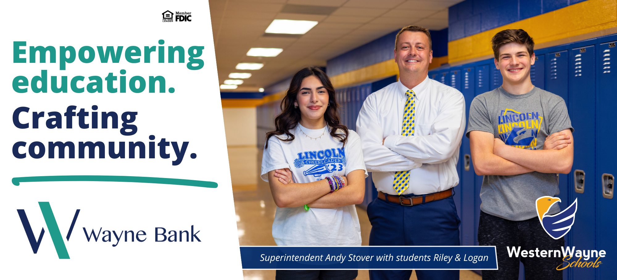 superintendent with high schoolers in front of lockers