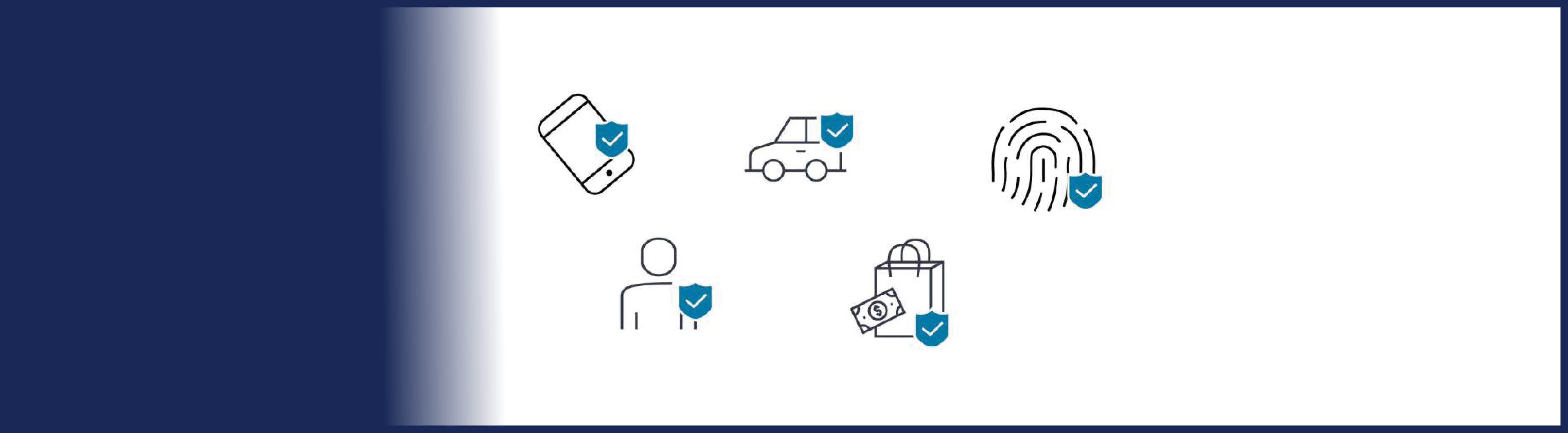 icons of cell phone, car, fingerprint, person, shopping